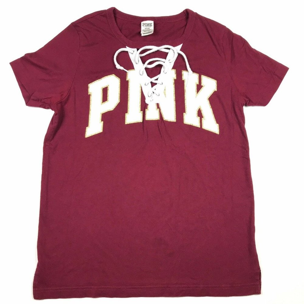 Victoria's Secret PINK Women's Maroon Gold Lace Up Campus Tee Shirt Size Medium